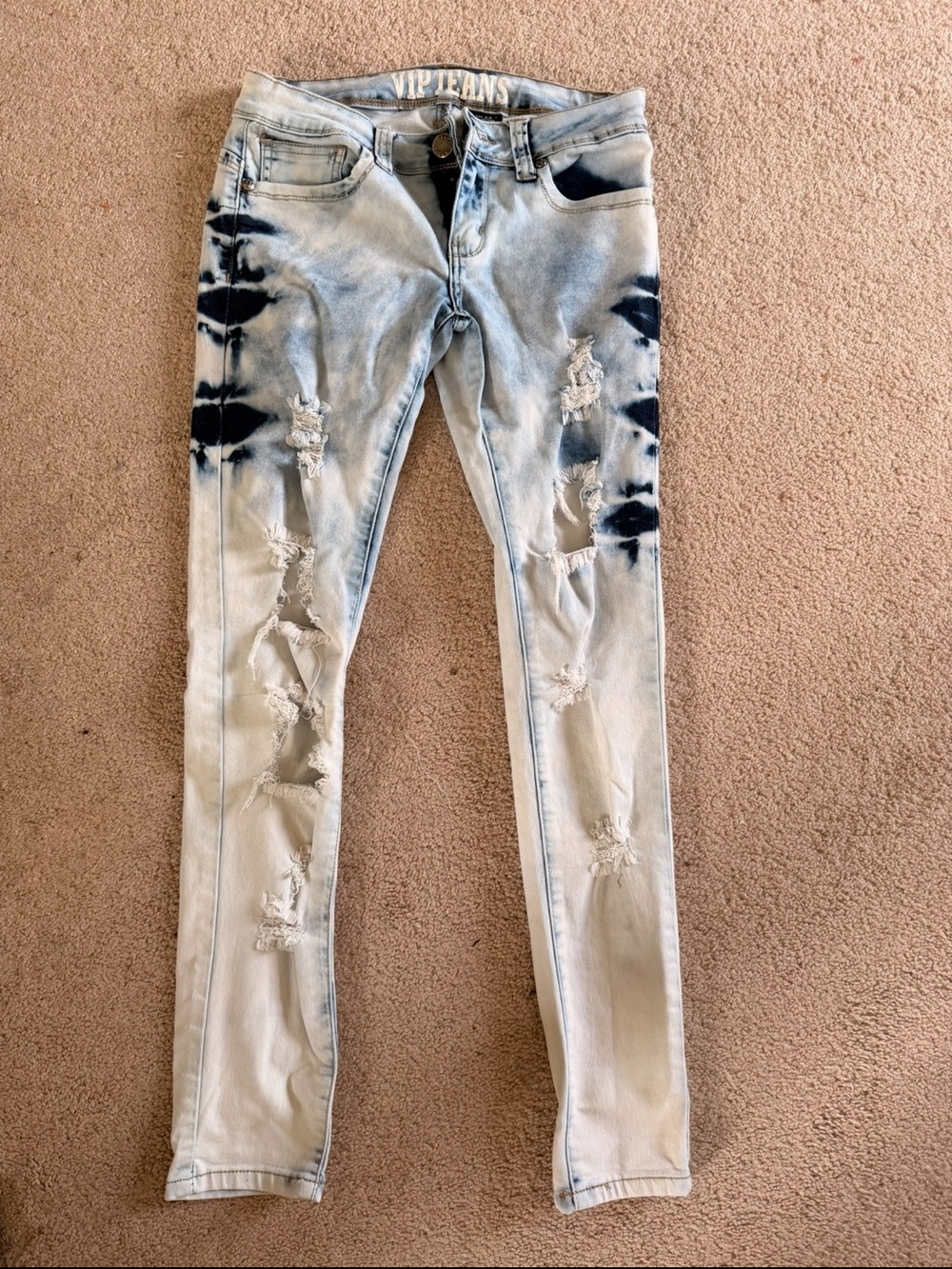 VIP womens Light Wash Skinny Jeans with Dark Blue Tie-Dye & Distressing